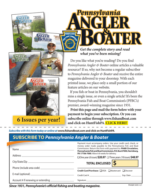 Pennsylvania Angler & Boater Subscription Form - Pennsylvania Download Pdf