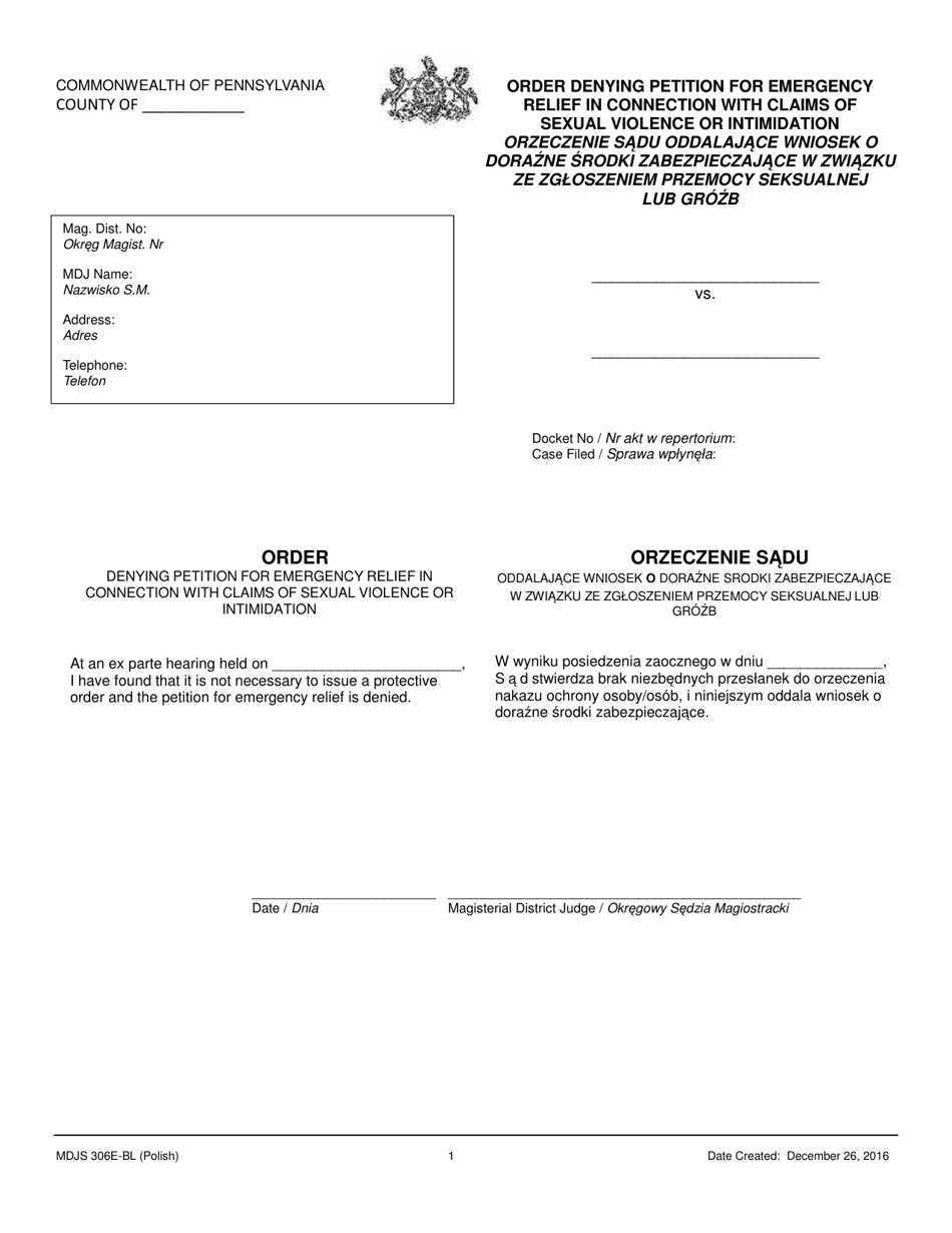 Form MDJS306E-BL Order Denying Petition for Emergency Relief in Connection With Claims of Sexual Violence or Intimidation - Pennsylvania (English / Polish), Page 1