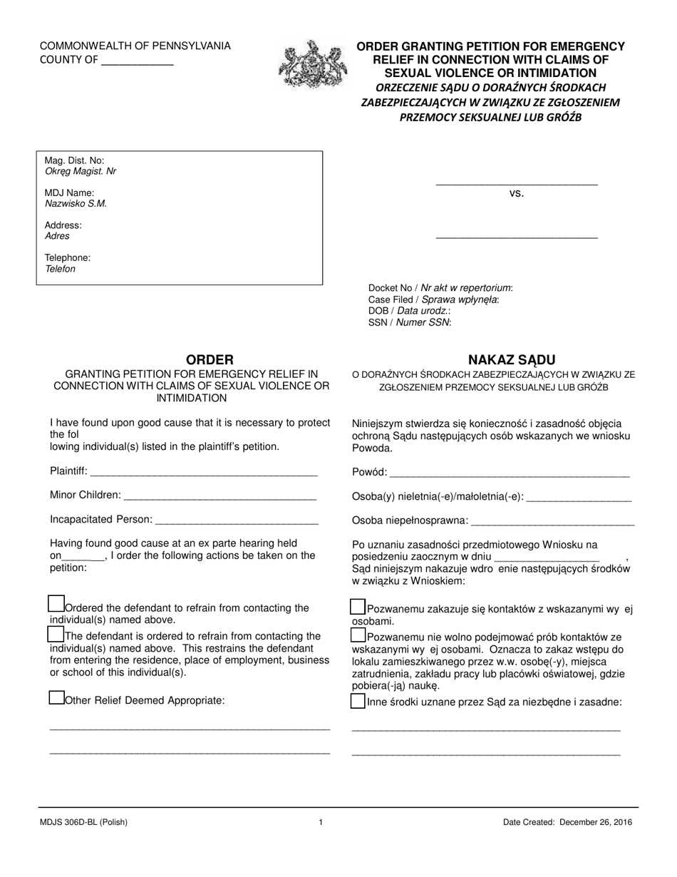 Form MDJS306D-BL Order Granting Petition for Emergency Relief in Connection With Claims of Sexual Violence or Intimidation - Pennsylvania (English / Polish), Page 1
