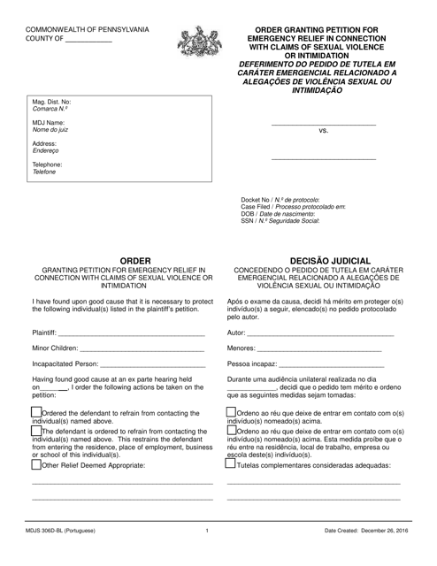 Form MDJS306D-BL Order Granting Petition for Emergency Relief in Connection With Claims of Sexual Violence or Intimidation - Pennsylvania (English/Portuguese)