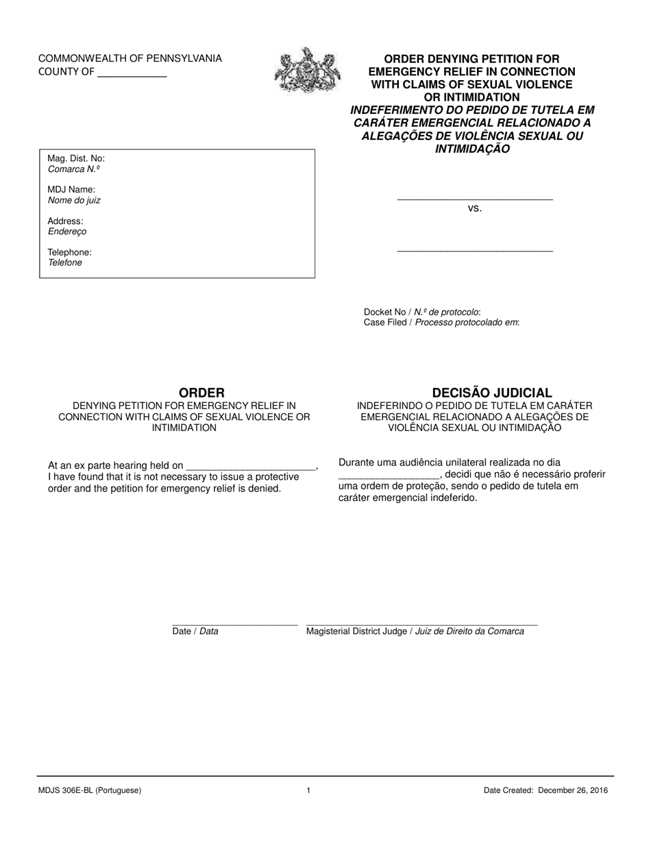 Form MDJS306E-BL Order Denying Petition for Emergency Relief in Connection With Claims of Sexual Violence or Intimidation - Pennsylvania (English / Portuguese), Page 1
