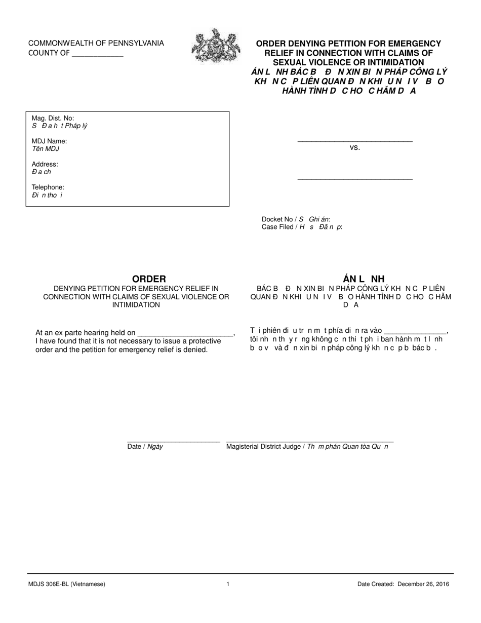 Form MDJS306E-BL Order Denying Petition for Emergency Relief in Connection With Claims of Sexual Violence or Intimidation - Pennsylvania (English / Vietnamese), Page 1