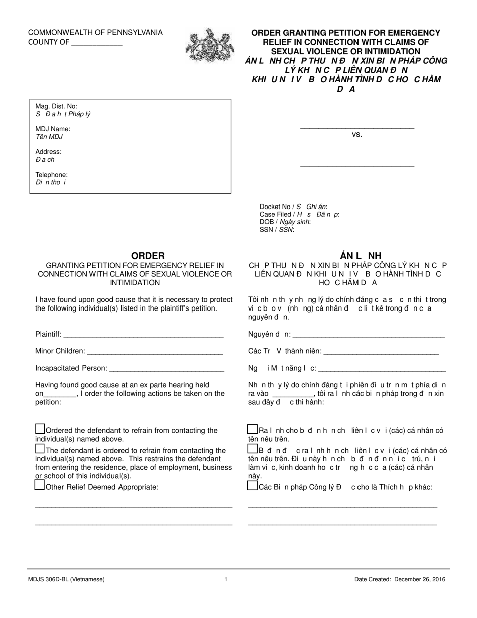 Form MDJS306D-BL Order Granting Petition for Emergency Relief in Connection With Claims of Sexual Violence or Intimidation - Pennsylvania (English / Vietnamese), Page 1