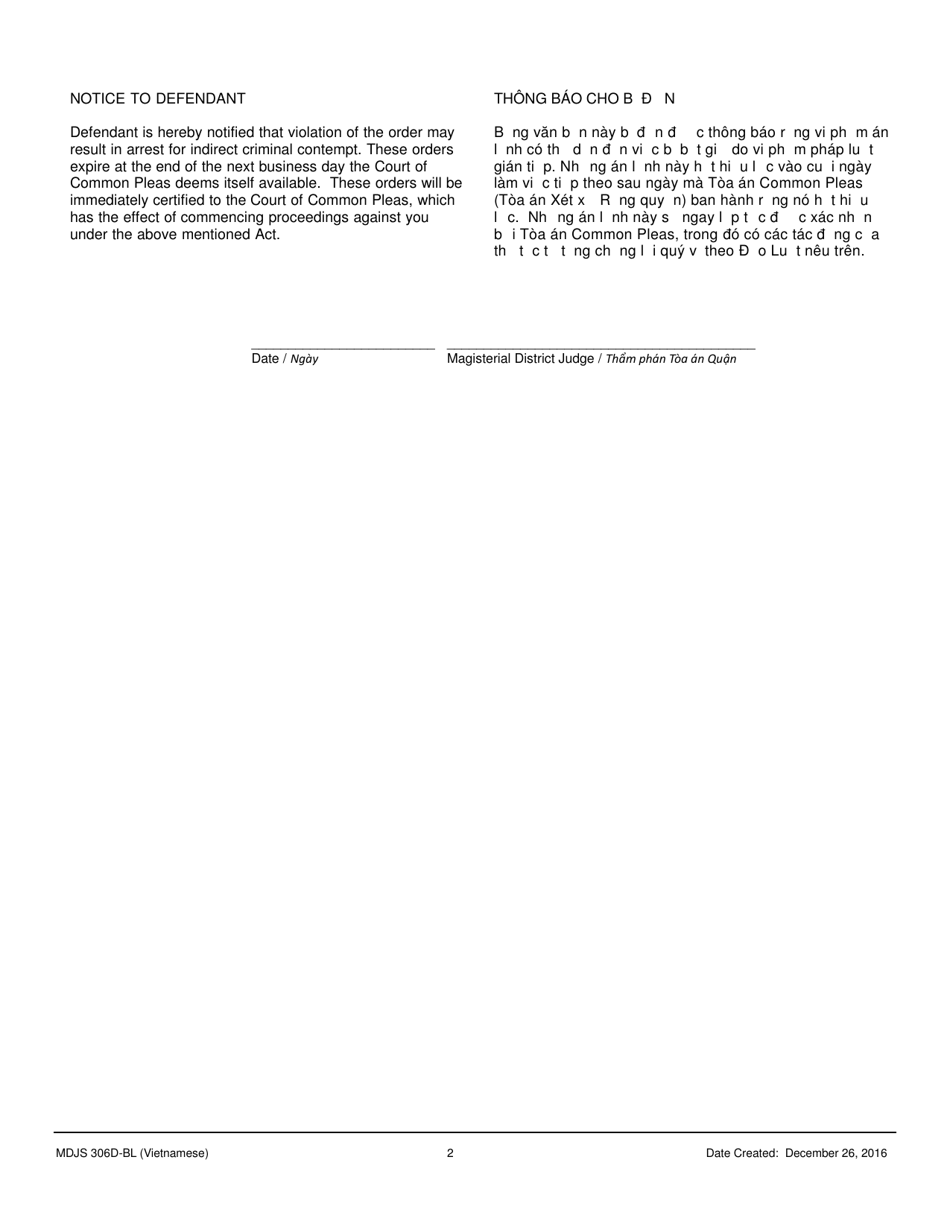 Form MDJS306D-BL Order Granting Petition for Emergency Relief in Connection With Claims of Sexual Violence or Intimidation - Pennsylvania (English / Vietnamese), Page 2