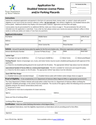 Form VTR-615 Application for Disabled Veteran License Plates and/or Parking Placards - Texas