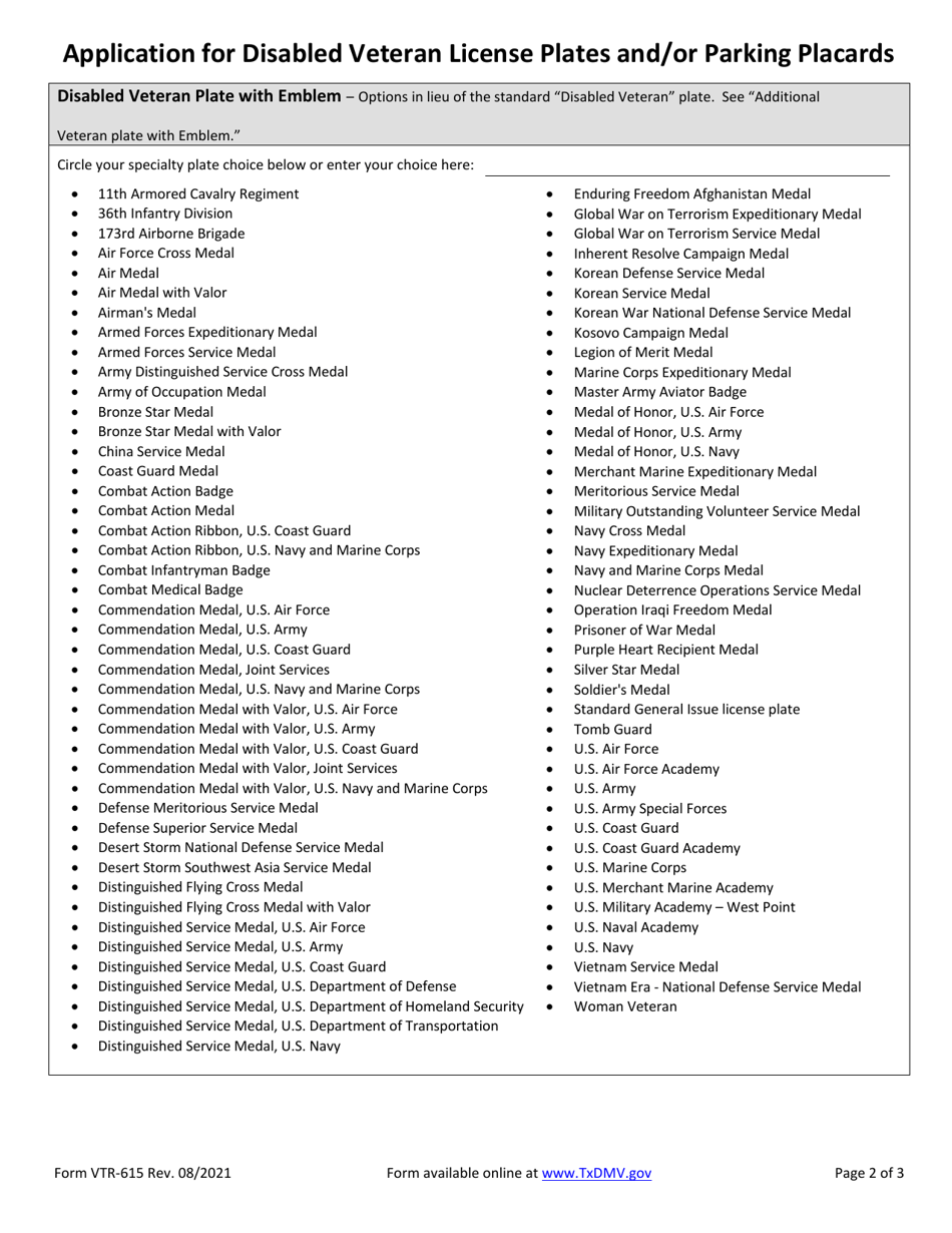 Form VTR-615 Application for Disabled Veteran License Plates and / or Parking Placards - Texas, Page 2
