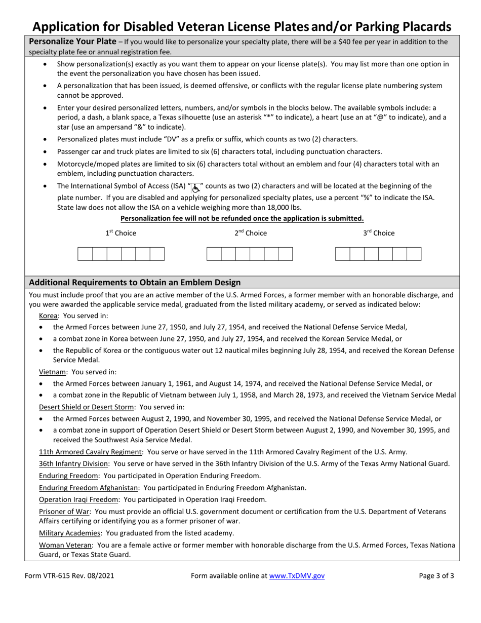 Form VTR-615 Application for Disabled Veteran License Plates and / or Parking Placards - Texas, Page 3