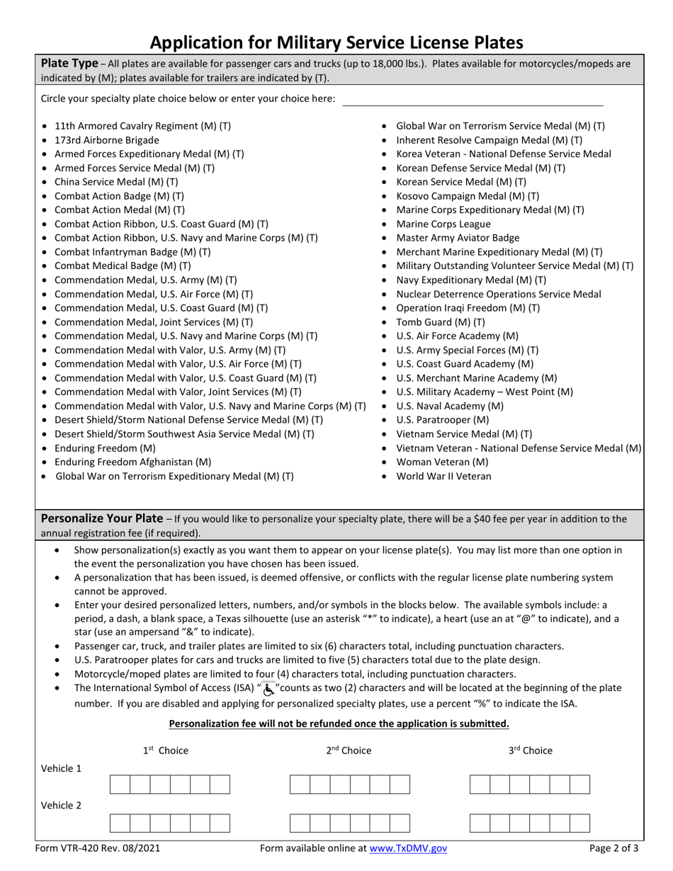 Form VTR-420 Application for Military Service License Plates - Texas, Page 2