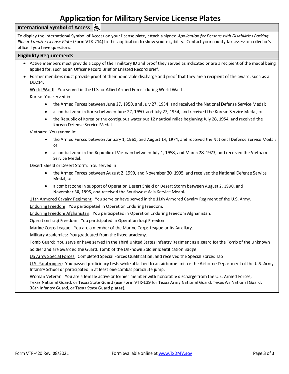Form VTR-420 Application for Military Service License Plates - Texas, Page 3