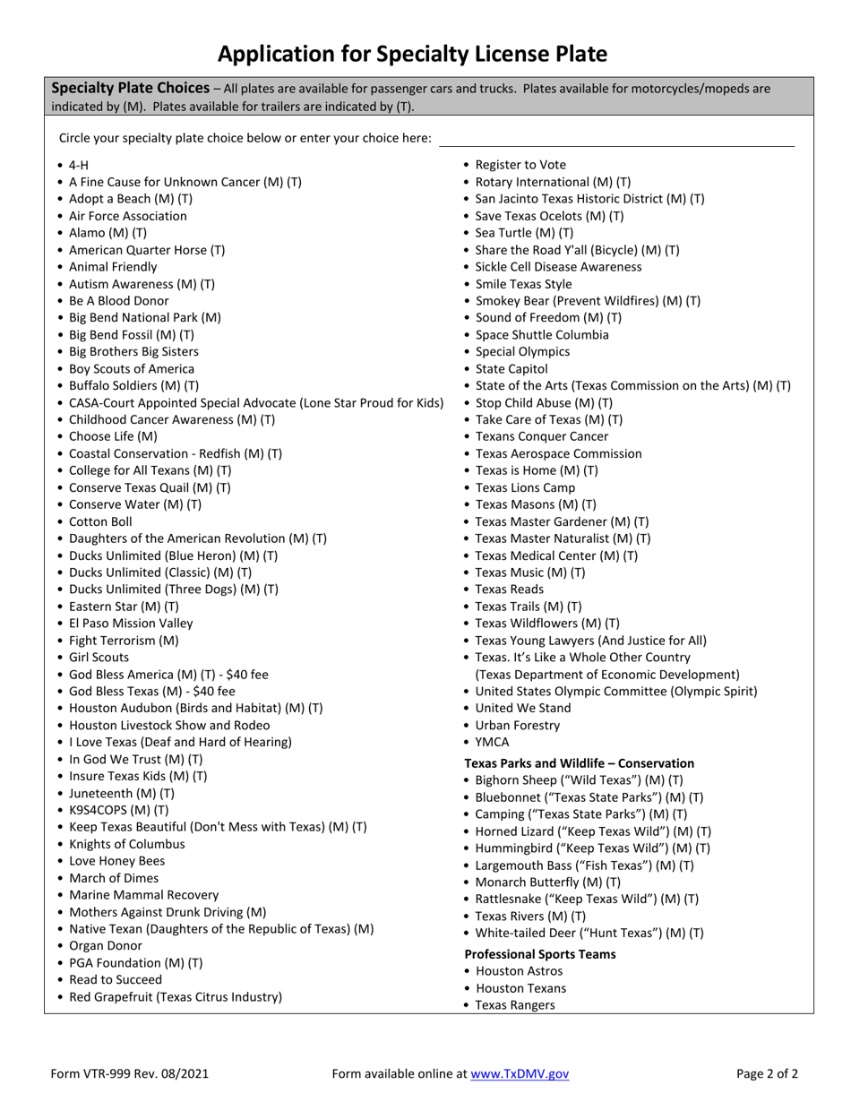 Form VTR-999 Application for Specialty License Plate - Texas, Page 2