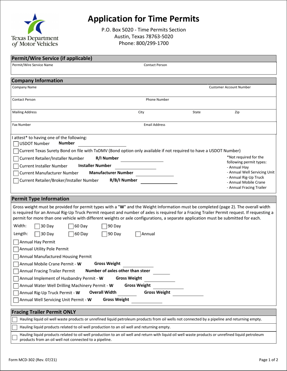 Form MCD-302 Application for Time Permits - Texas, Page 2
