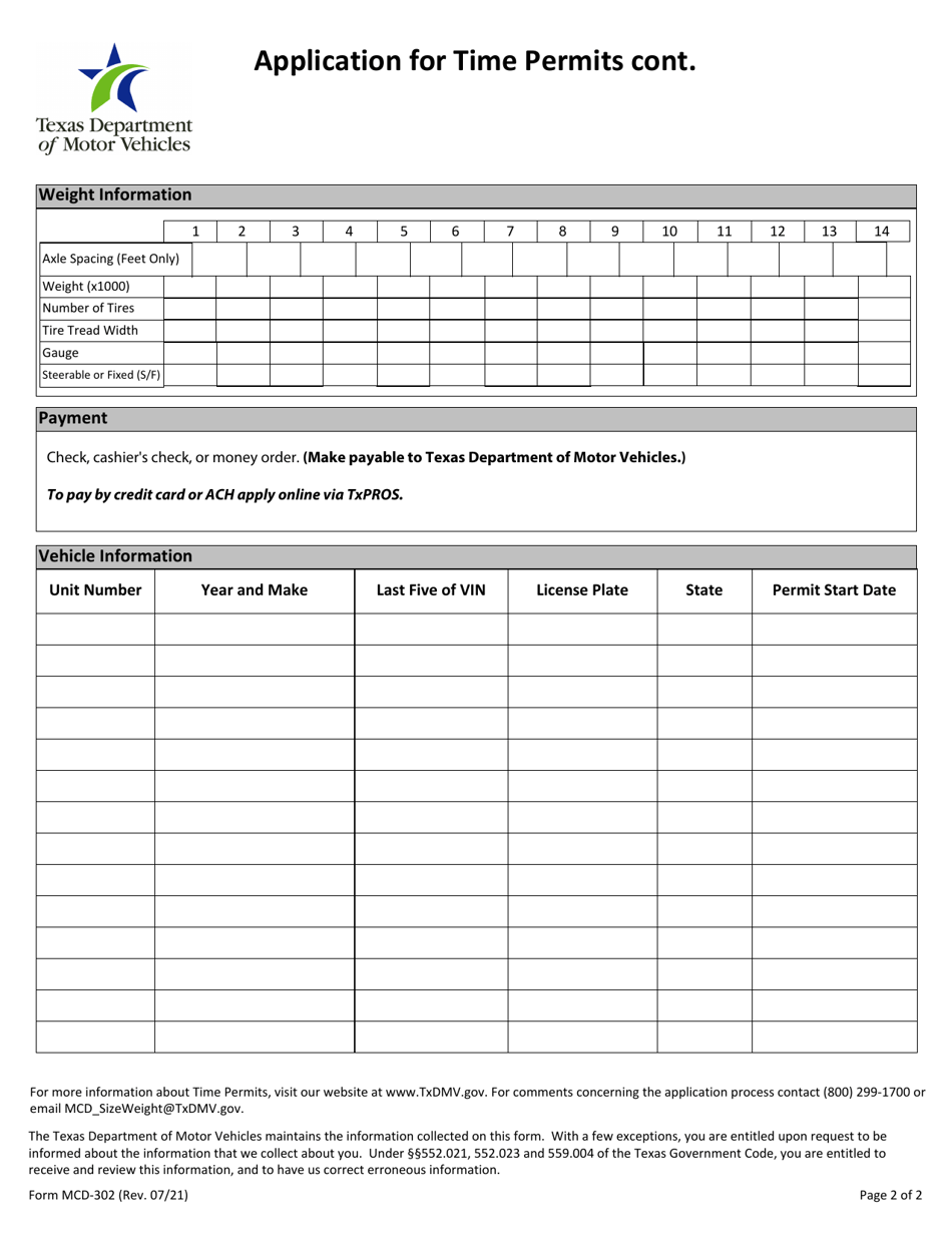 Form MCD-302 Application for Time Permits - Texas, Page 3