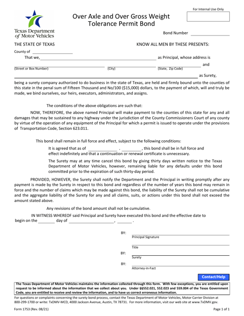Form 1753 Over Axle and Over Gross Weight Tolerance Permit Bond - Texas