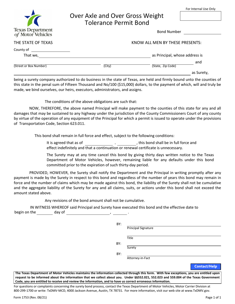 Form 1753 Over Axle and Over Gross Weight Tolerance Permit Bond - Texas, Page 1