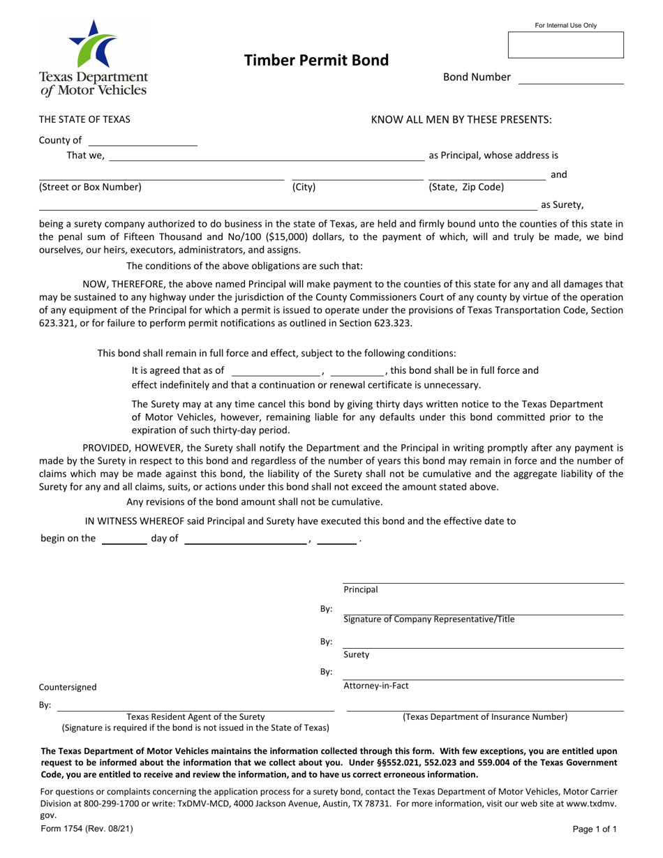 Form 1754 Download Fillable PDF or Fill Online Timber Permit Bond
