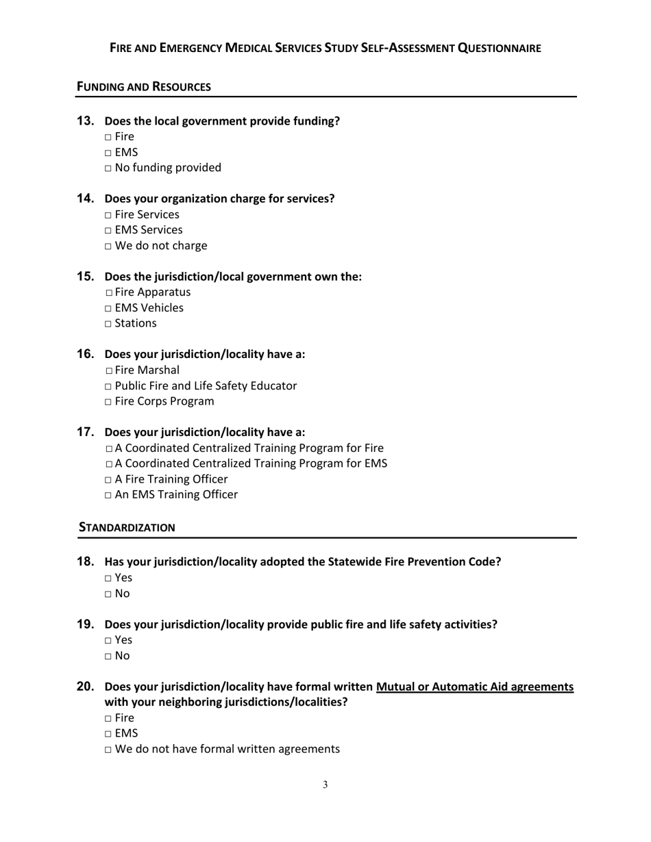 Fire and Emergency Medical Services Study Self-assessment Questionnaire - Virginia, Page 3