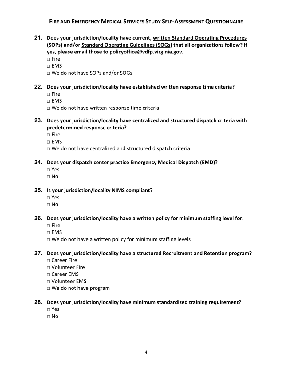 Fire and Emergency Medical Services Study Self-assessment Questionnaire - Virginia, Page 4