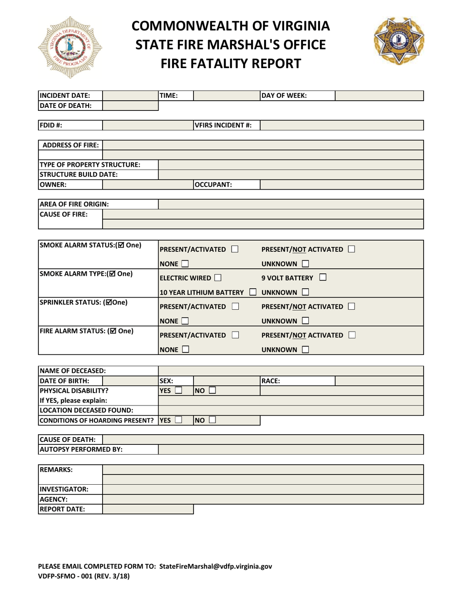 Form VDFP-SFMO-001 Fire Fatality Report - Virginia, Page 1