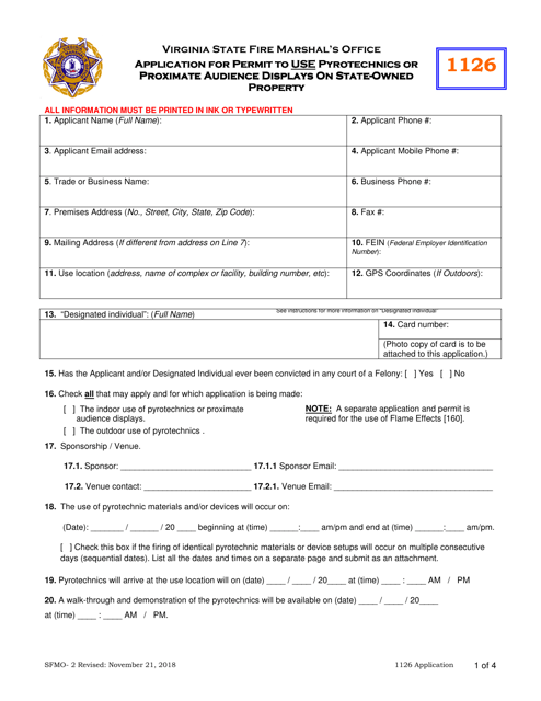 Form SFMO-2 Application for Permit to Use Pyrotechnics or Proximate Audience Displays on State-Owned Property - Virginia