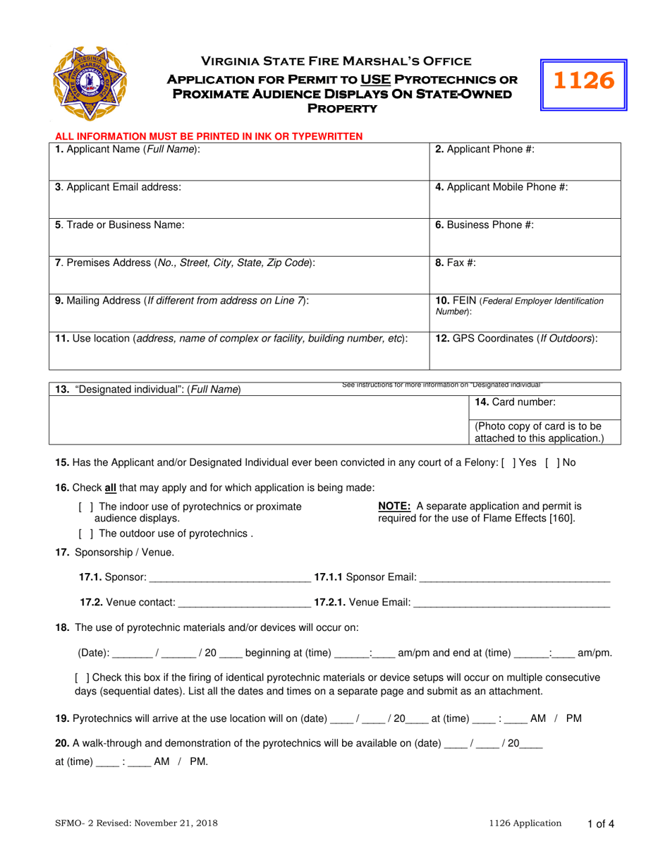Form SFMO-2 Application for Permit to Use Pyrotechnics or Proximate Audience Displays on State-Owned Property - Virginia, Page 1