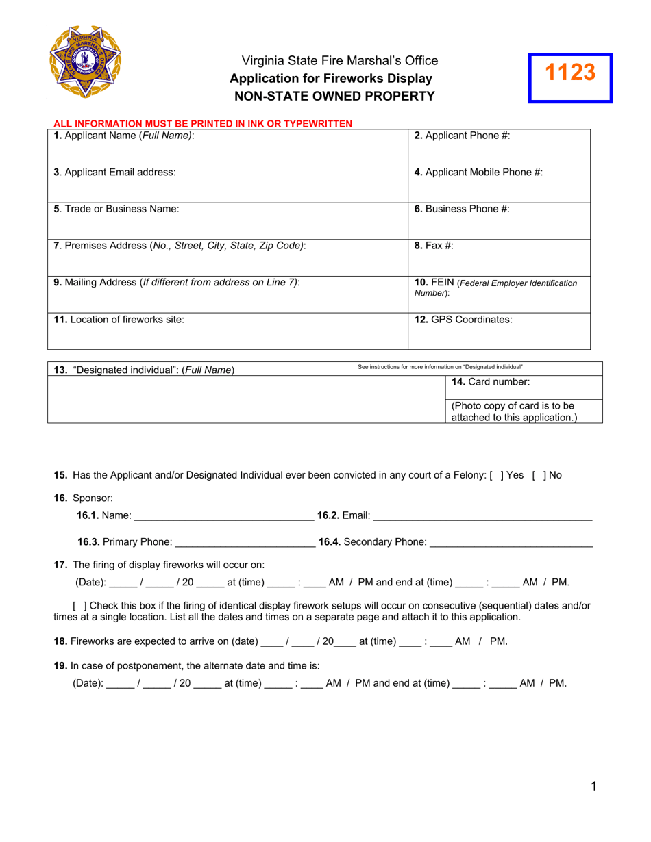 Application for Fireworks Display - Non-state Owned Property - Virginia, Page 1