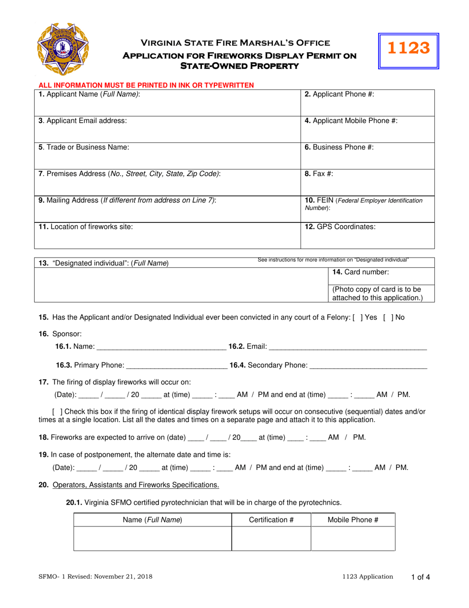 Form SFMO-1 Application for Fireworks Display Permit on State-Owned Property - Virginia, Page 1