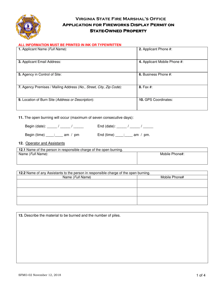 Form SFMO-02 Application for Fireworks Display Permit on State-Owned Property - Virginia, Page 1