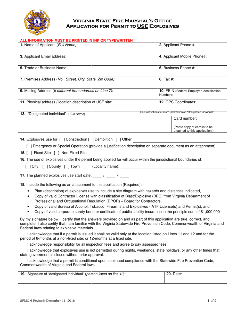 Form SFMO-6 Application for Permit to Use Explosives - Virginia, Page 1