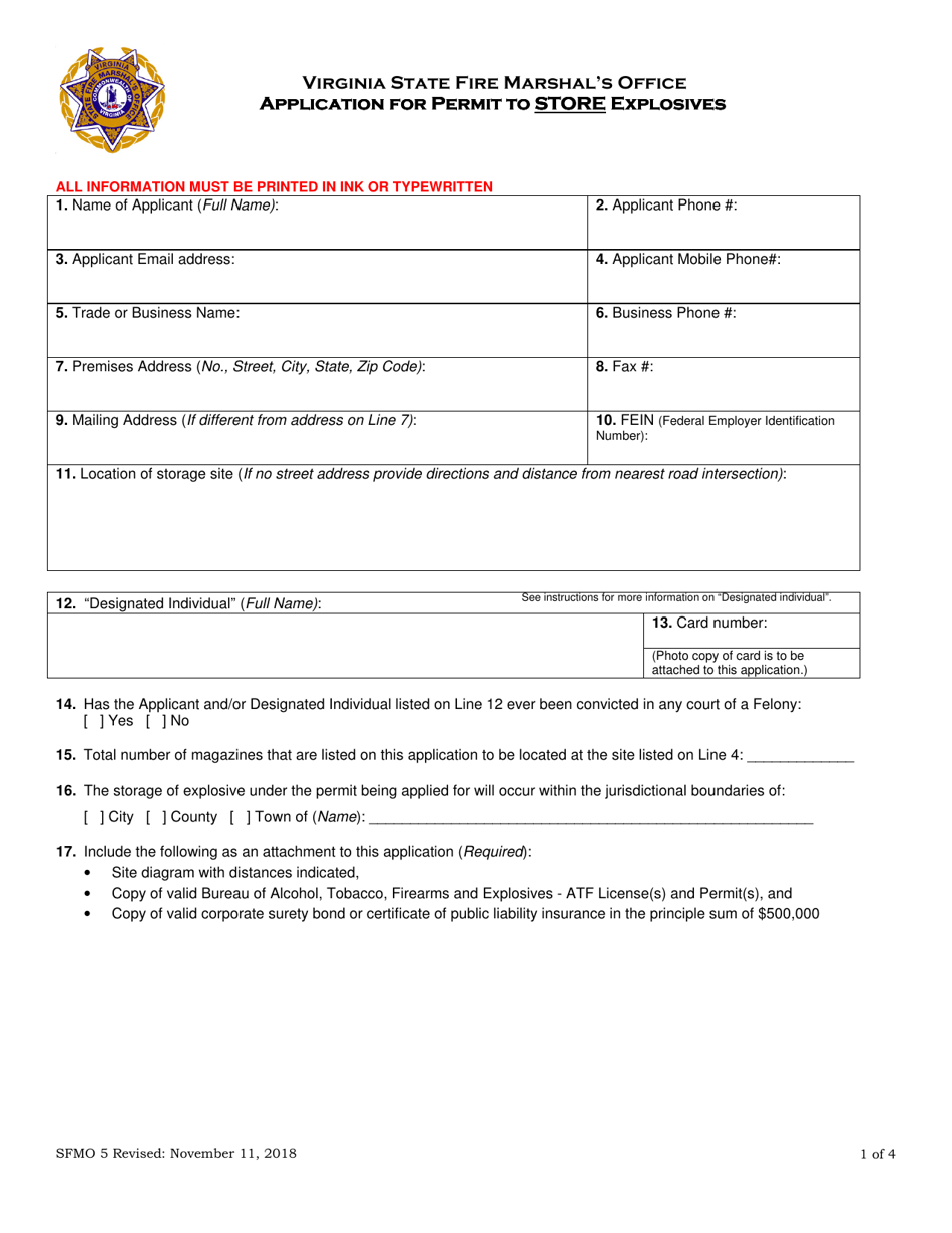 Form SFMO-5 Application for Permit to Store Explosives - Virginia, Page 1