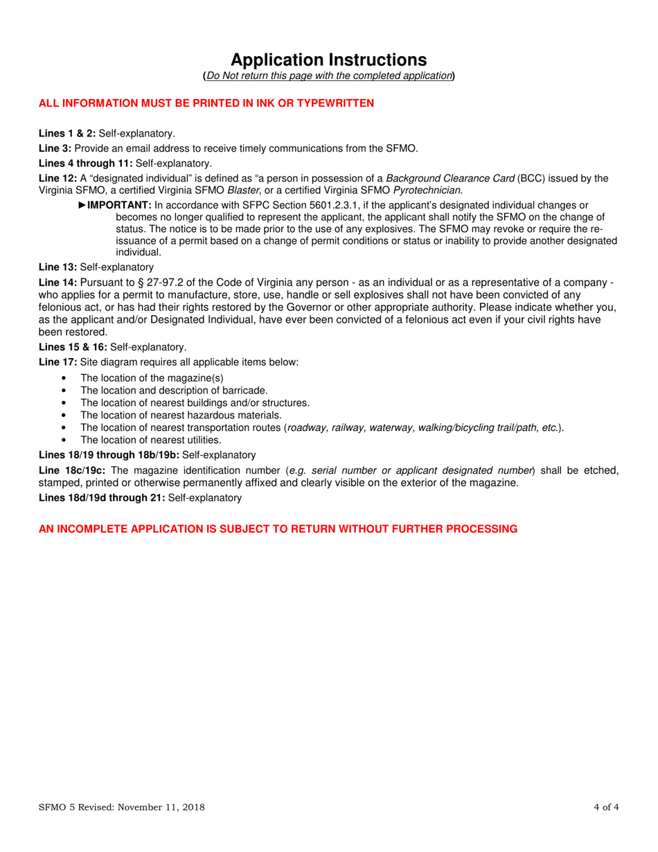 Form SFMO-5 Application for Permit to Store Explosives - Virginia, Page 4