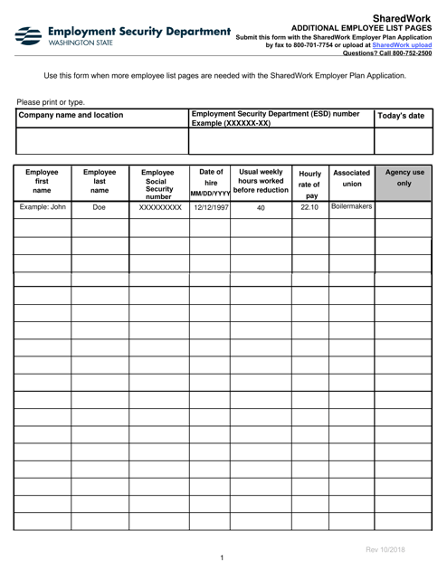 Additional Employee List Pages - Sharedwork - Washington Download Pdf