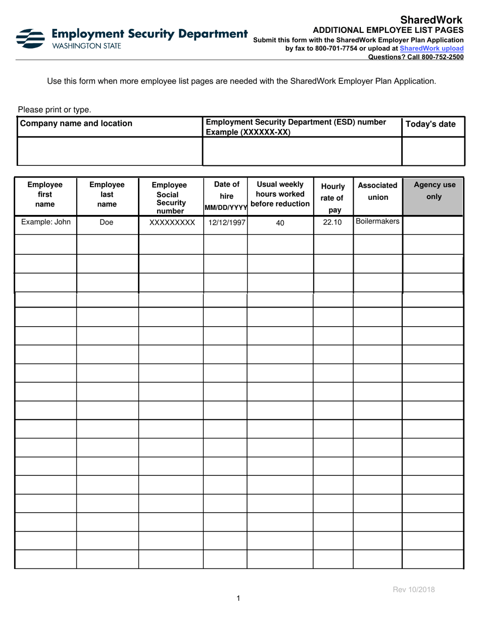 Additional Employee List Pages - Sharedwork - Washington, Page 1