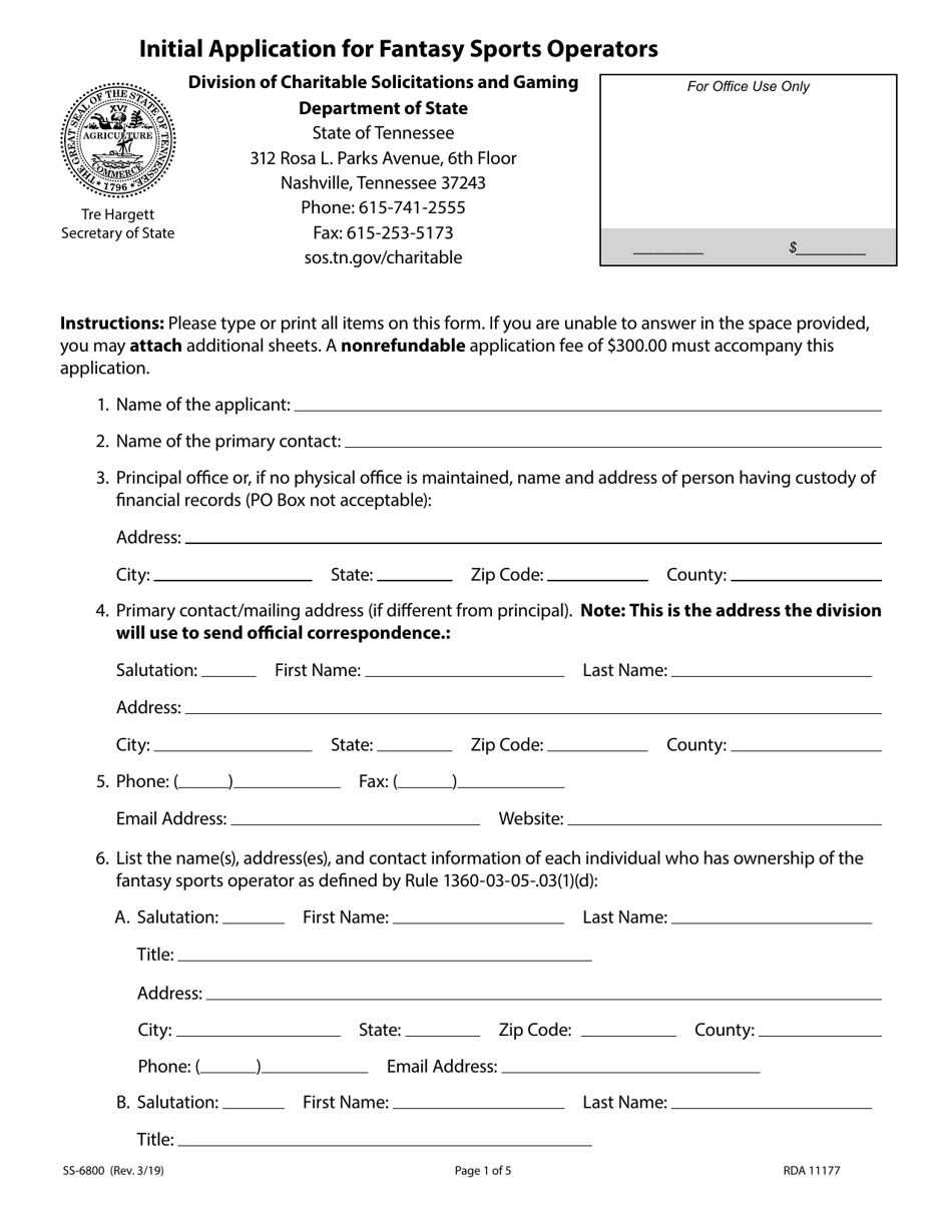 Form SS-6800 Initial Application for Fantasy Sports Operators - Tennessee, Page 1