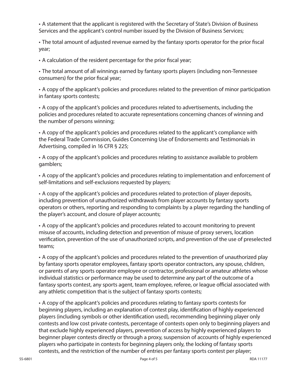 Form SS-6801 Renewal Application for Licensed Fantasy Sports Operators - Tennessee, Page 4
