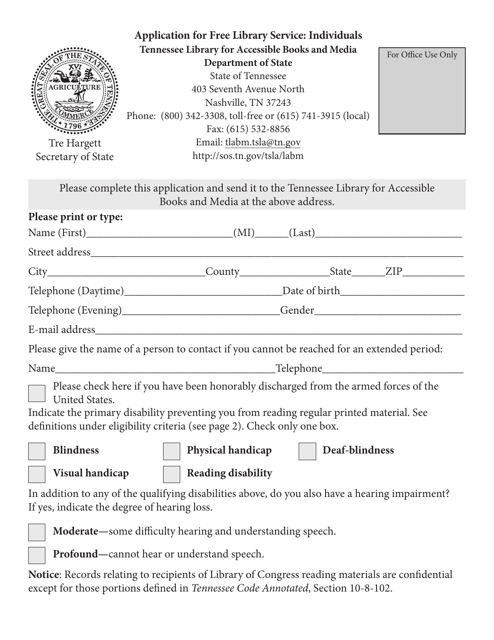 Application for Free Library Service - Individuals - Tennessee Download Pdf