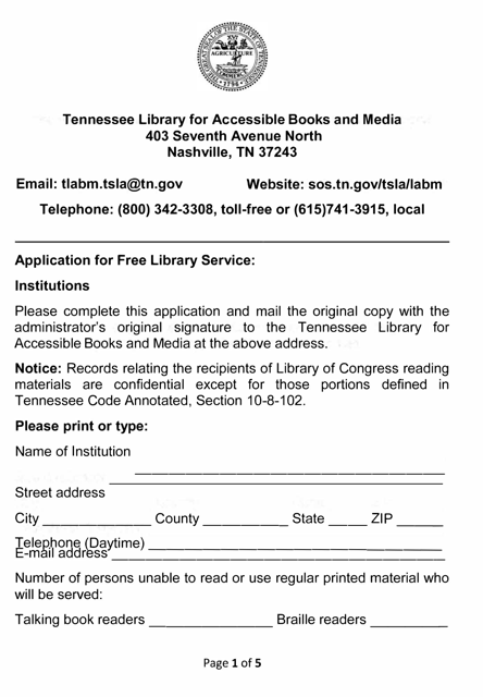 Application for Free Library Service - Institutions - Tennessee Download Pdf