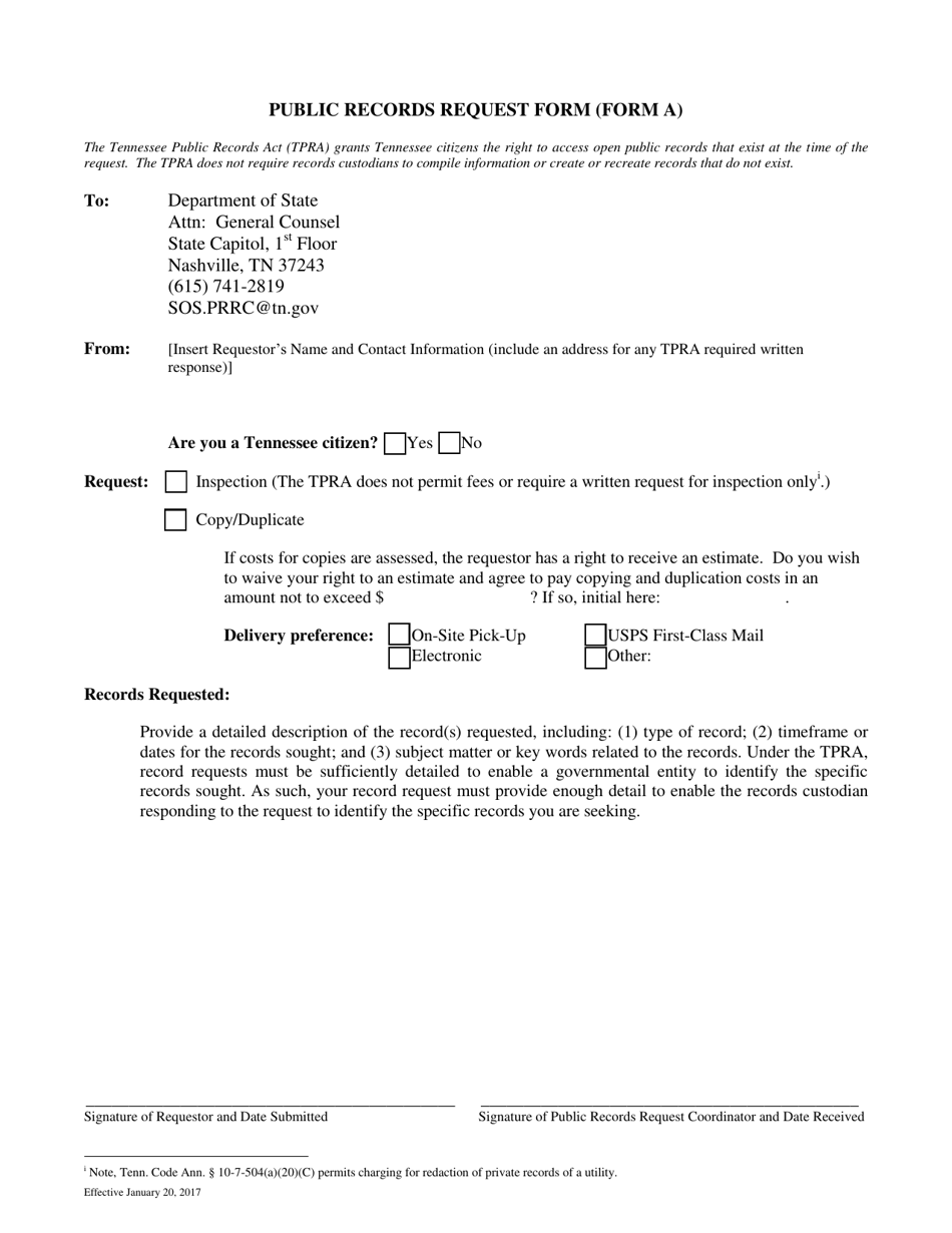 Form A Public Records Request Form - Tennessee, Page 1