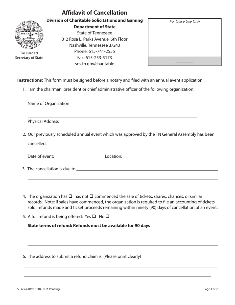 Form SS-6064 Affidavit of Cancellation - Tennessee, Page 1