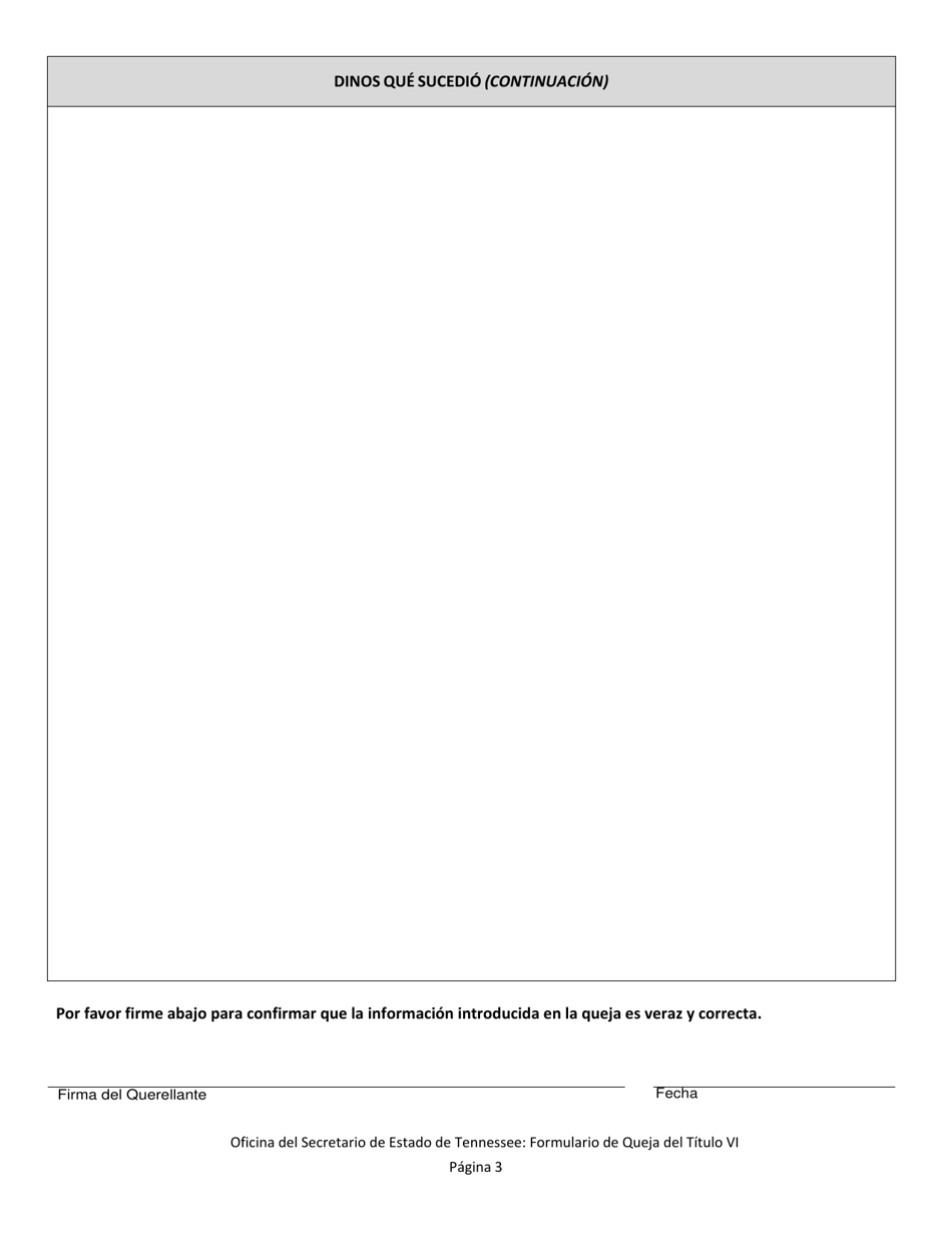 Formulario De Queja Sobre Discriminacion Del Titulo Vi - Tennessee (Spanish), Page 3