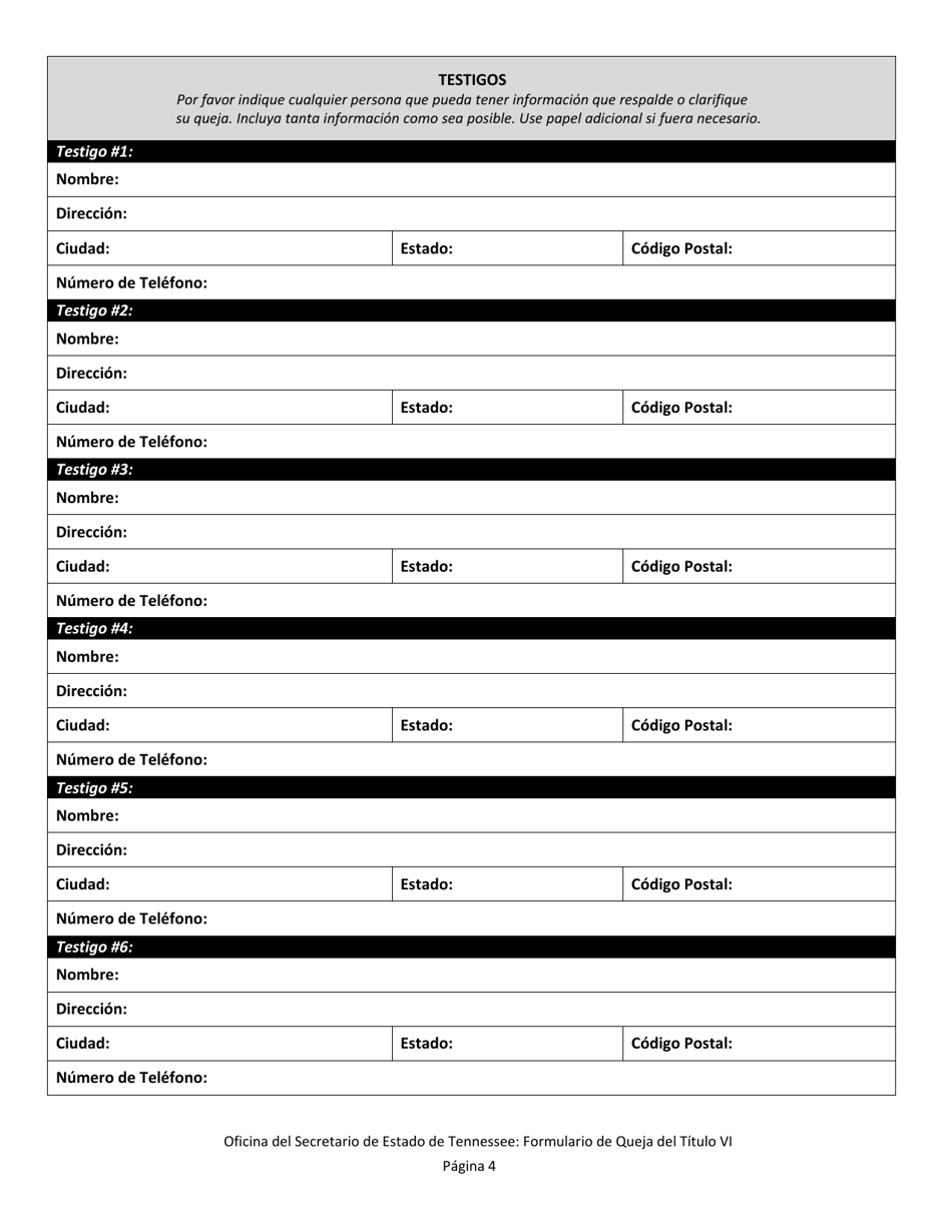 Formulario De Queja Sobre Discriminacion Del Titulo Vi - Tennessee (Spanish), Page 4