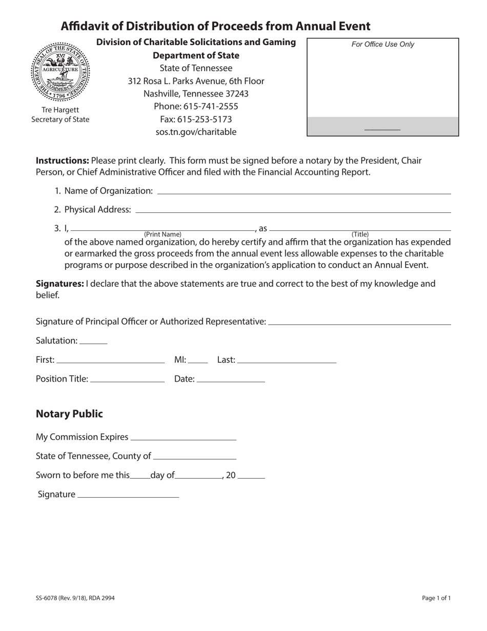 Form SS-6078 Affidavit of Distribution of Proceeds From Annual Event - Tennessee, Page 1