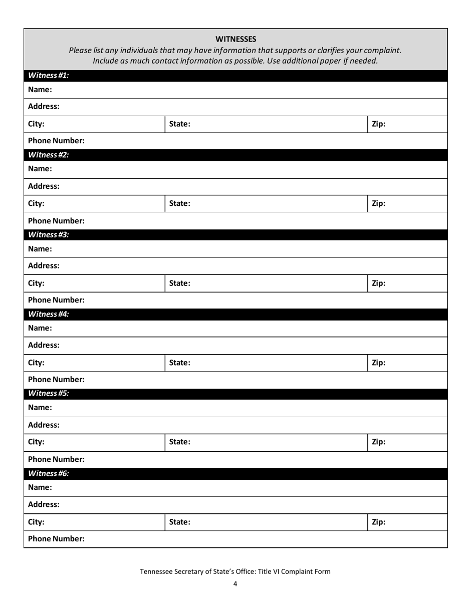 Title VI Discrimination Complaint Form - Tennessee, Page 4