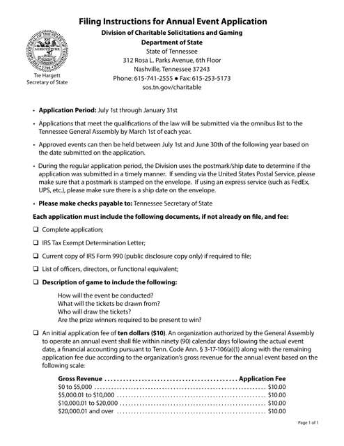 Instructions for Form SS-6069 Tennessee Nonprofit Gaming Law Annual Event Application - Tennessee