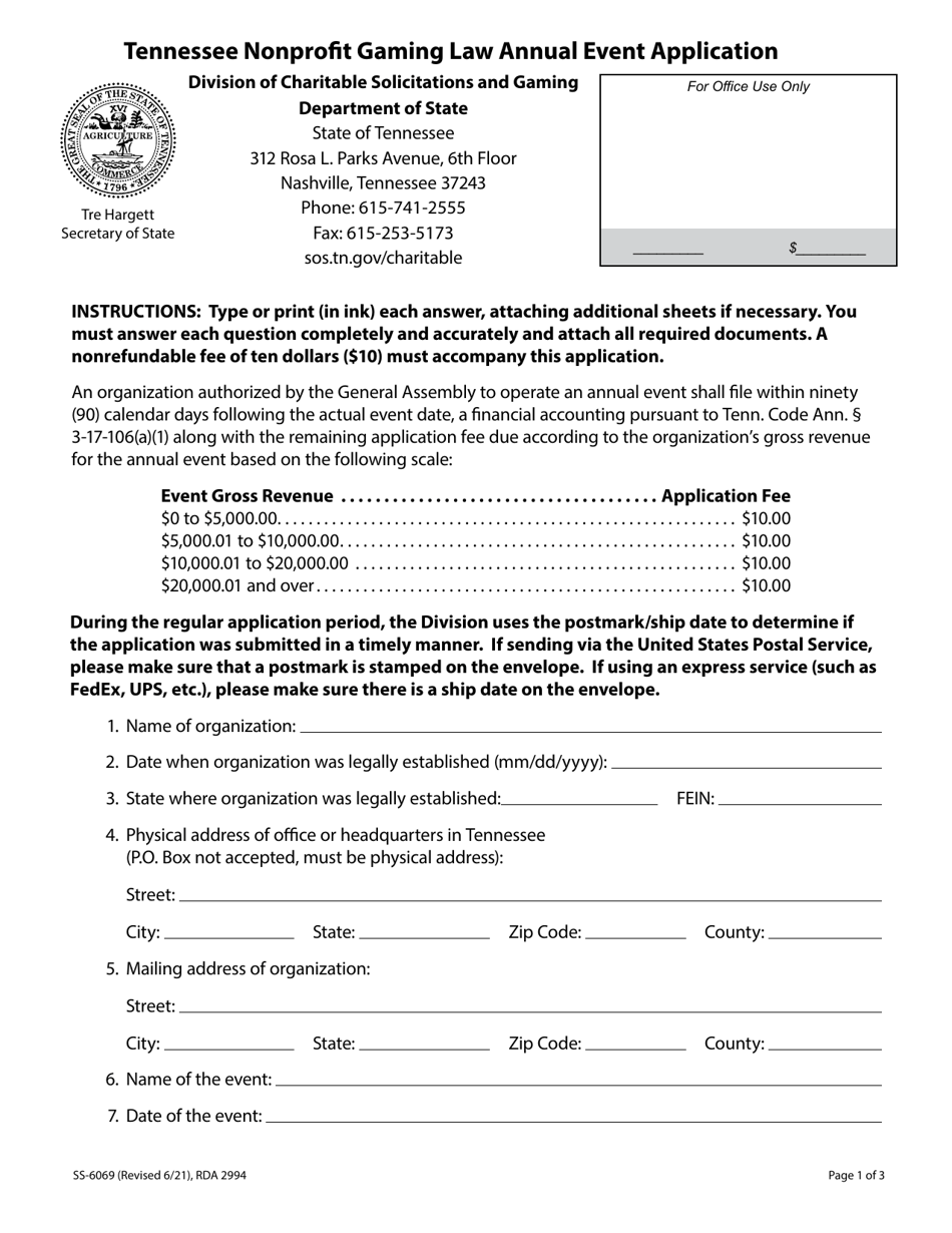 Form SS-6069 Tennessee Nonprofit Gaming Law Annual Event Application - Tennessee, Page 1