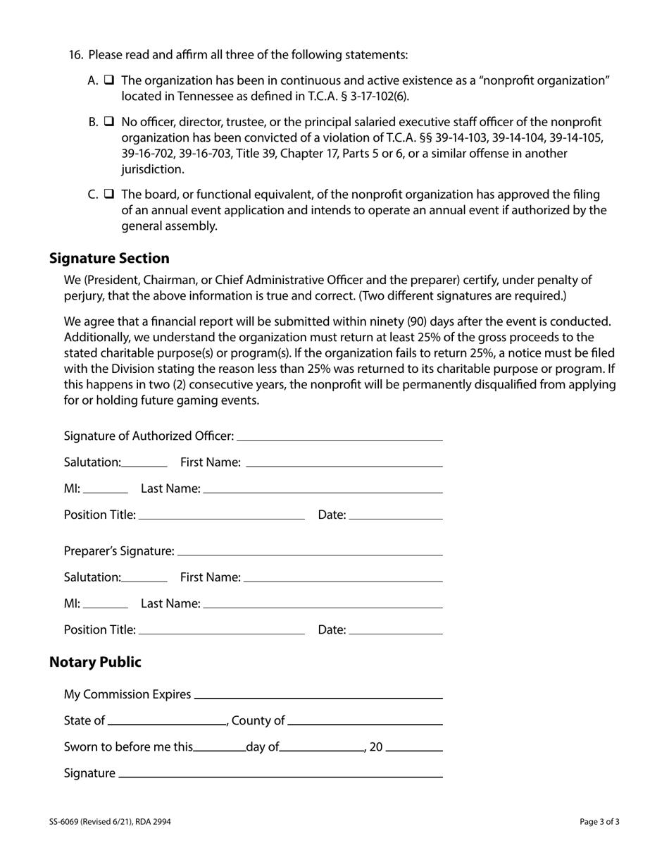 Form SS-6069 Tennessee Nonprofit Gaming Law Annual Event Application - Tennessee, Page 3