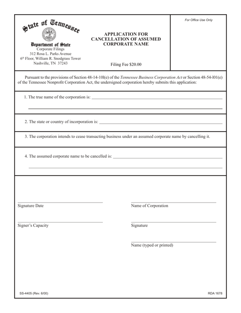Form SS-4405 Application for Cancellation of Assumed Corporate Name - Tennessee