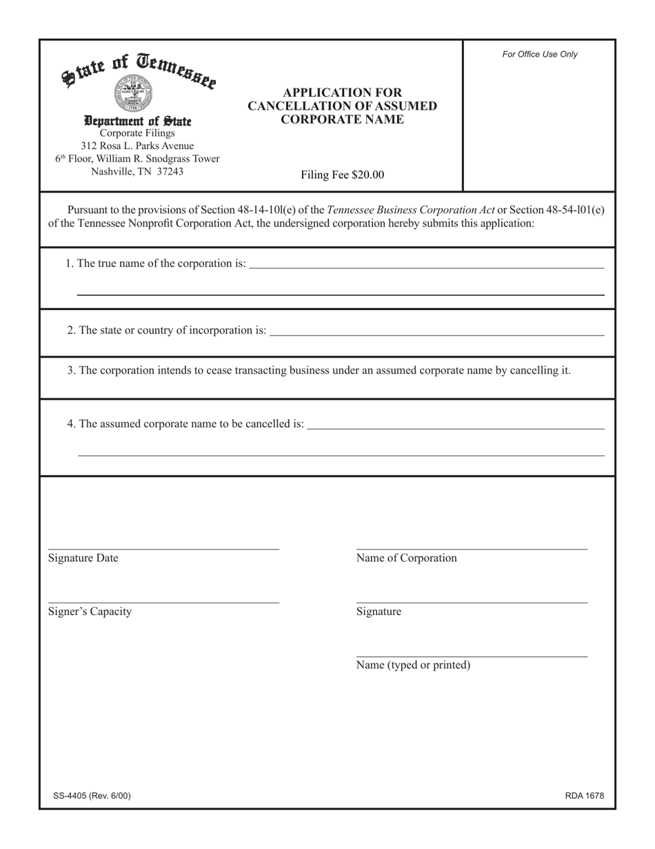 Form SS-4405 Application for Cancellation of Assumed Corporate Name - Tennessee, Page 1