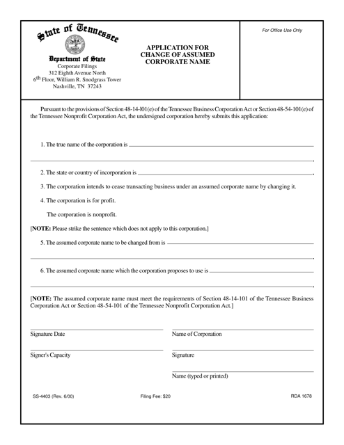 Form SS-4403 Application for Change of Assumed Corporate Name - Tennessee