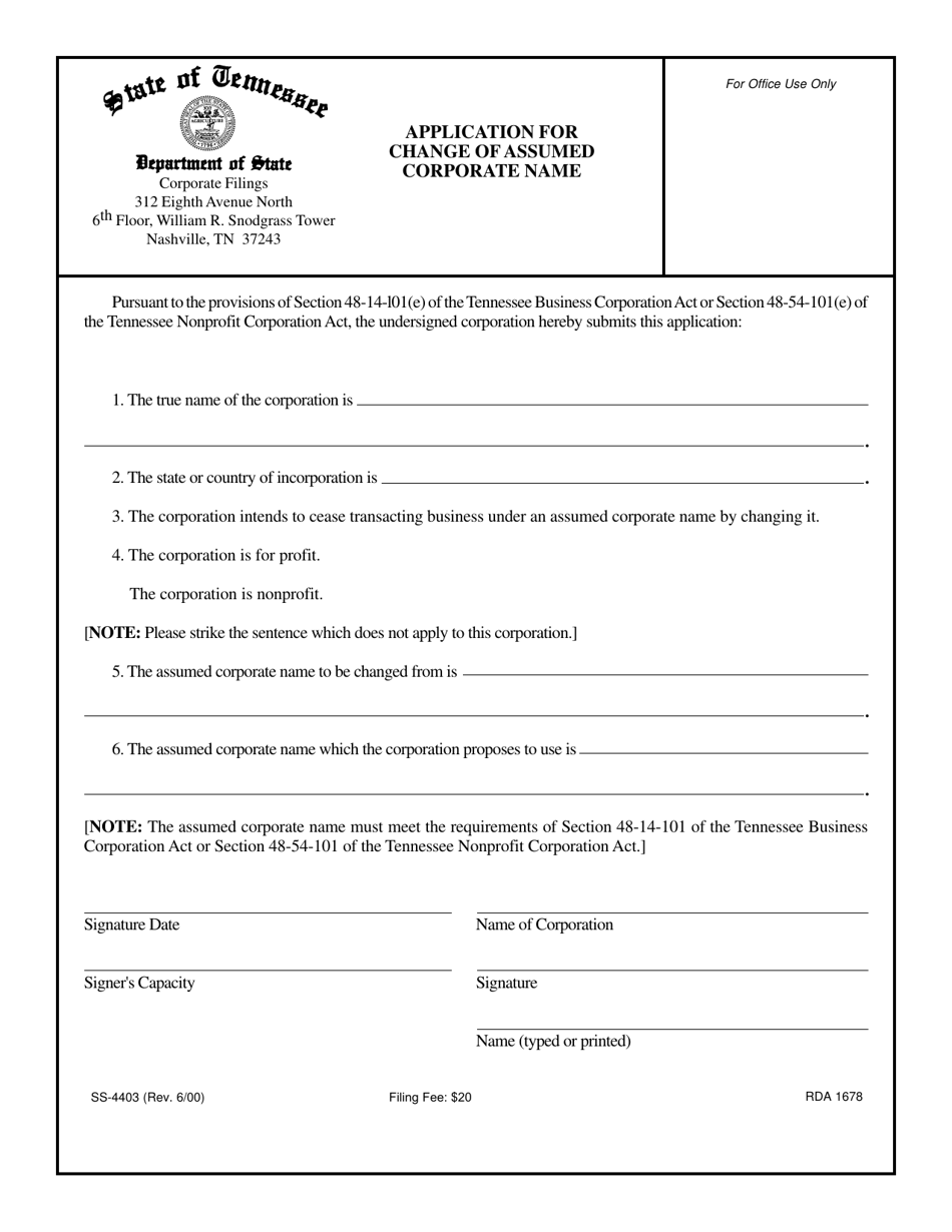 Form SS-4403 Application for Change of Assumed Corporate Name - Tennessee, Page 1