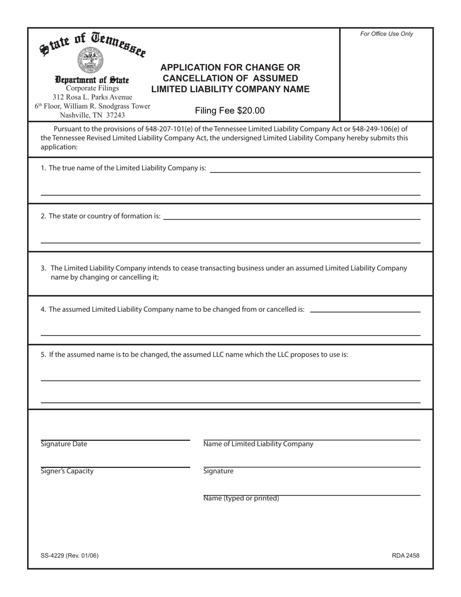 Form SS-4229 Application for Change or Cancellation of Assumed Limited Liability Company Name - Tennessee, Page 1